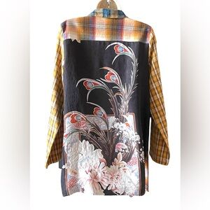 Citron Santa Monica Plaid Flannel Patchwork Tunic Shirt Size M Boho Silk Floral